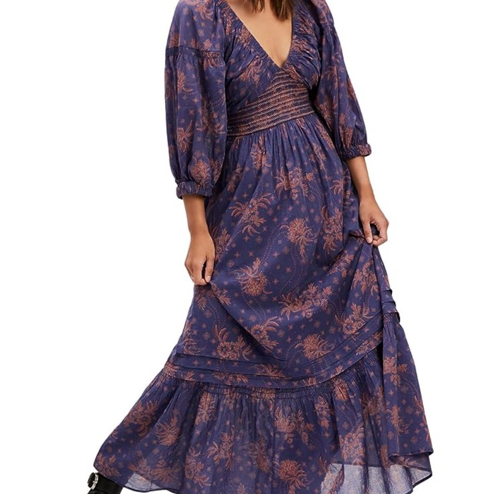 Free People Golden Hour Maxi Dress Navy Blue Purple Brown